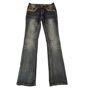 Grace in LA Mid-Rise Bootcut Jeans Womens 26 Blue Denim Camo Embellished Stretch